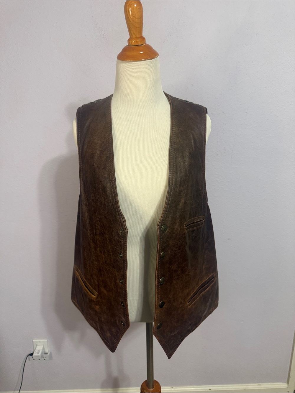 Vintage Women Brown Leather Button Front Vest with Paisley Cloth Material Large